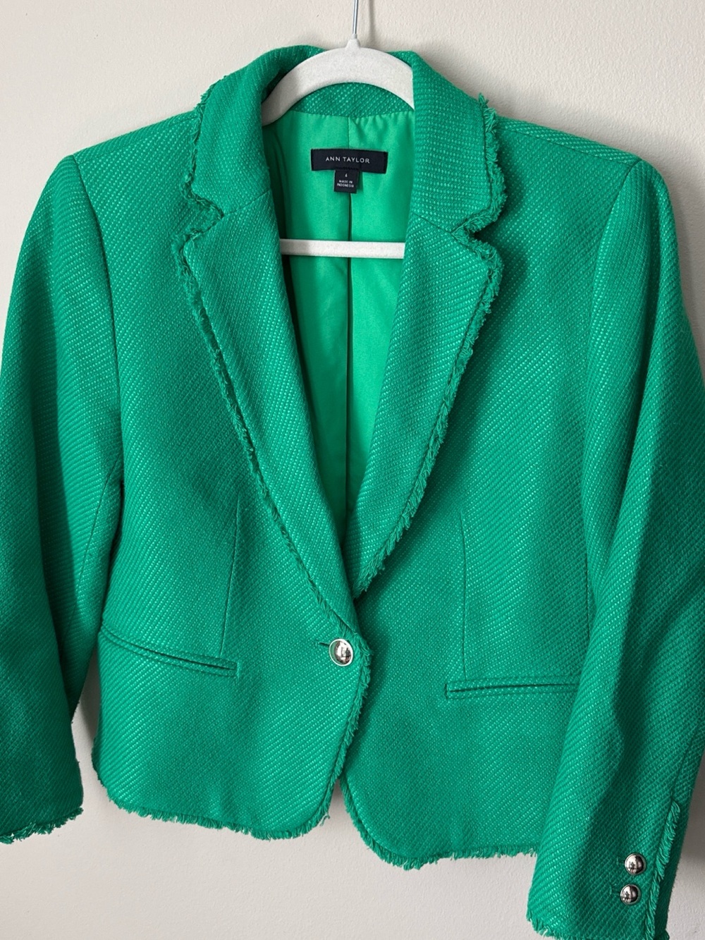 Ann Taylor Emerald Green Frayed-Trim Tweed Blazer